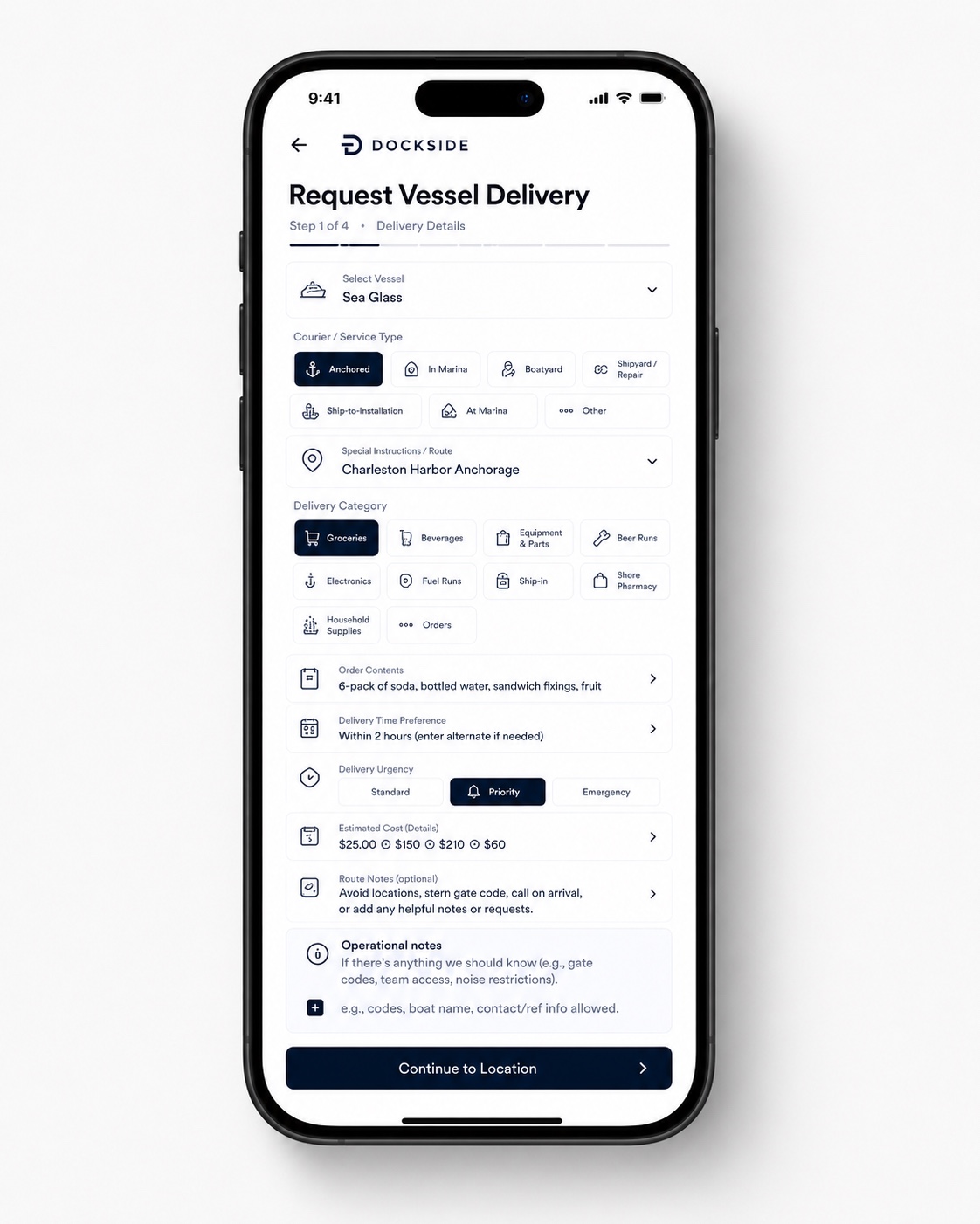 Request vessel delivery workflow