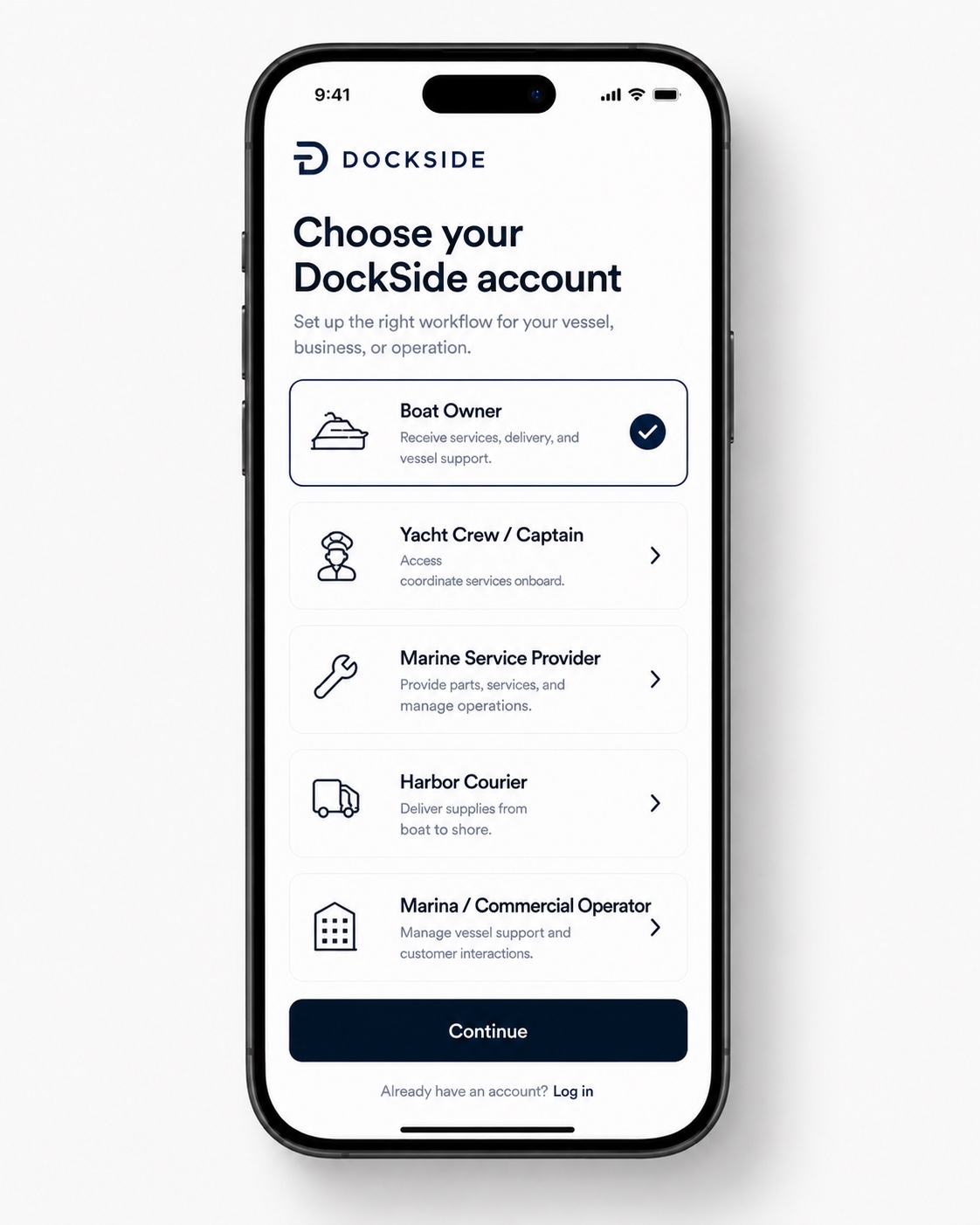 Choose DockSide account type screen