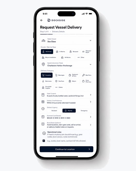 Request vessel delivery screen