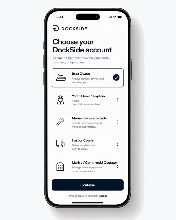 Choose DockSide account type screen